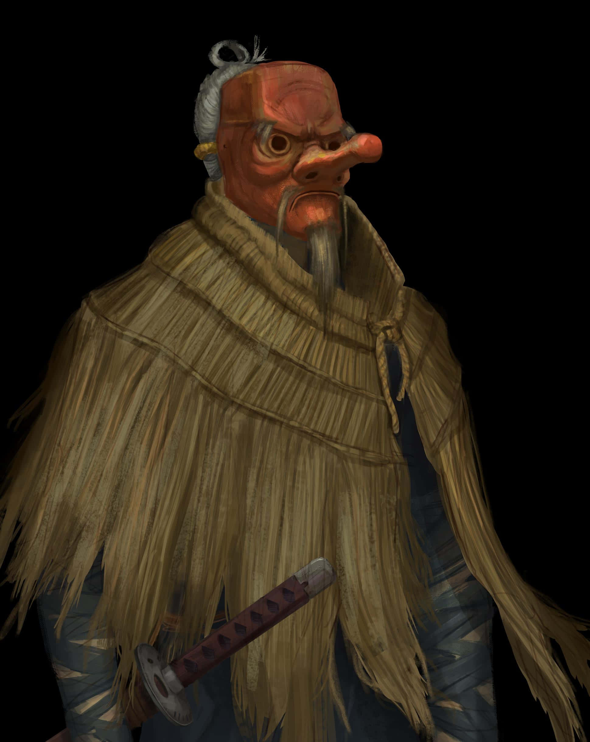 Tengu, red demon mask, straw cloak, Full HD Phone Wallpaper