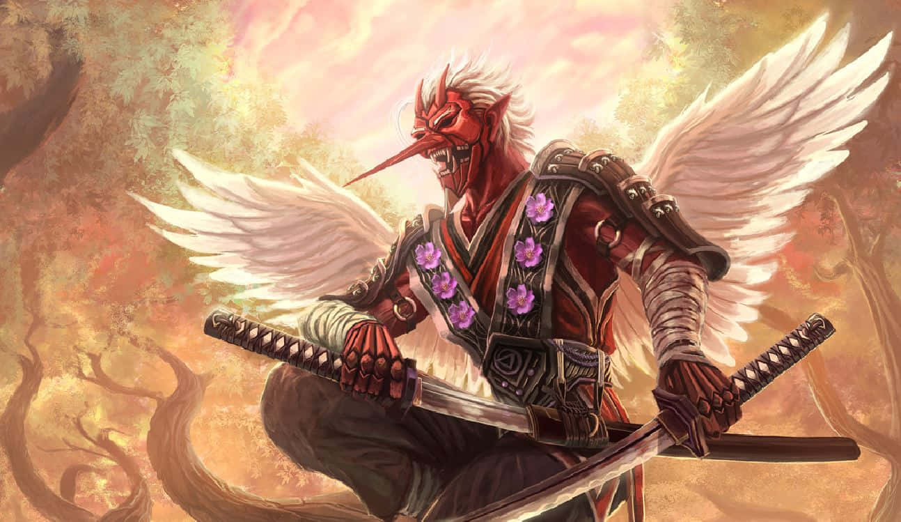 Tengu, white wings, purple flowers, HD Desktop Wallpaper