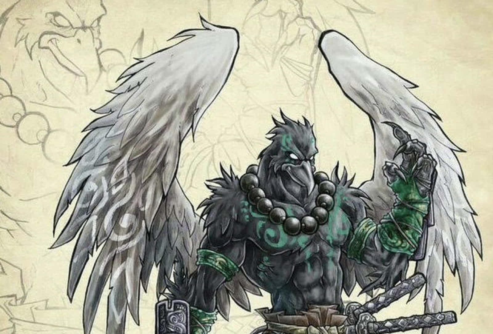 Tengu, white wings, green tattoos, HD Desktop Wallpaper