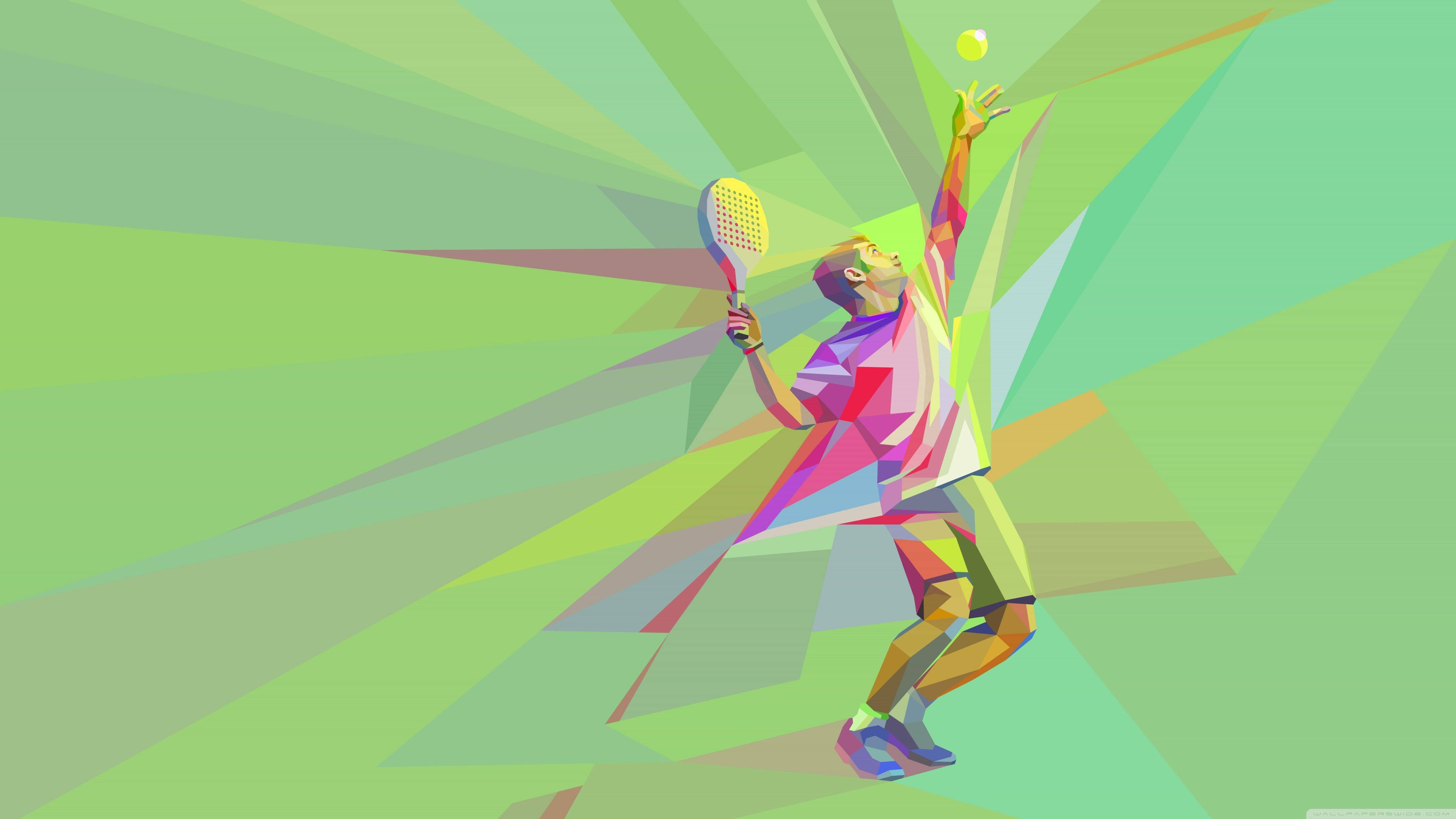 geometric tennis player art, vibrant geometric colors, yellow ball, 4K Desktop Wallpaper