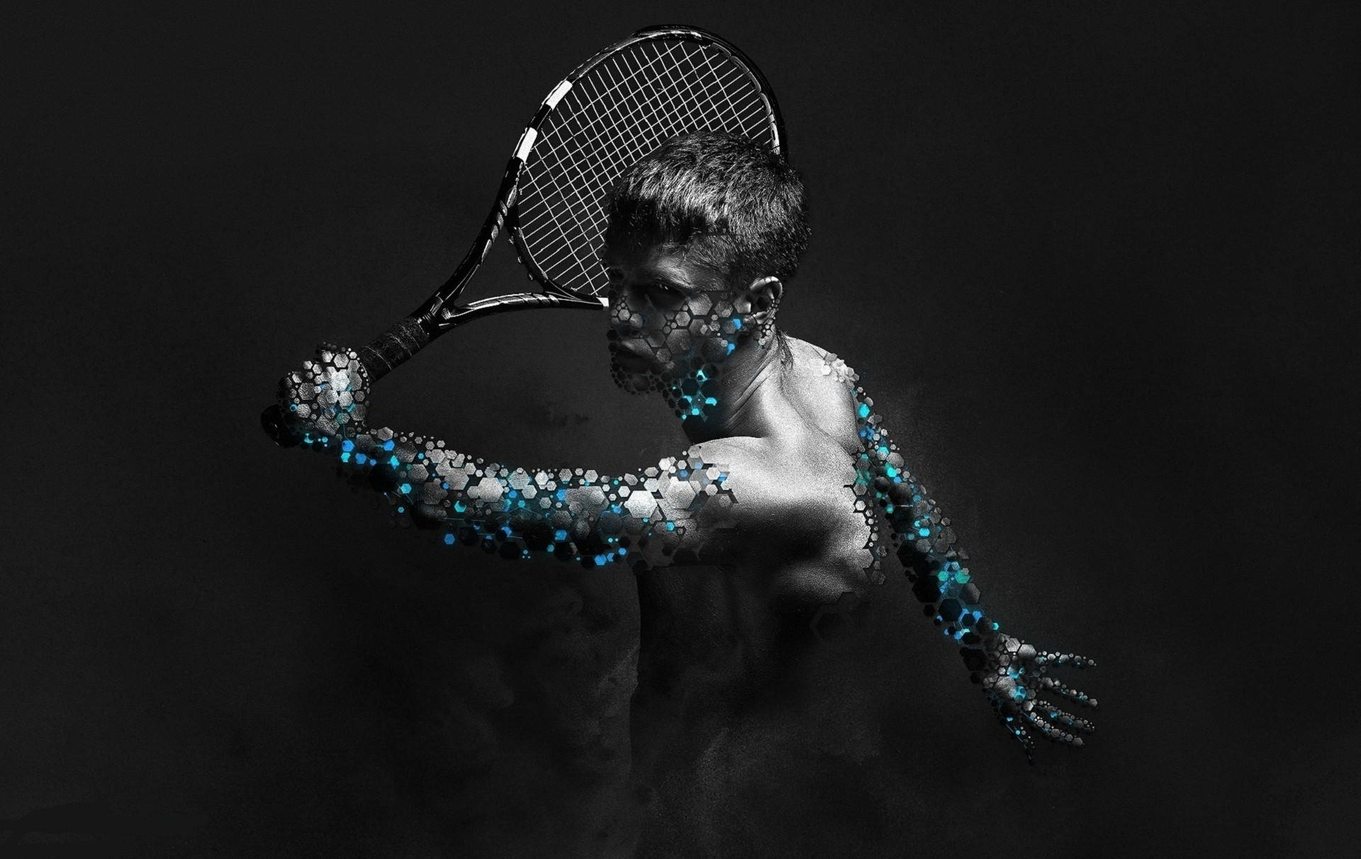 male tennis player, glowing blue molecular patterns, tennis swing, Full HD Desktop Wallpaper