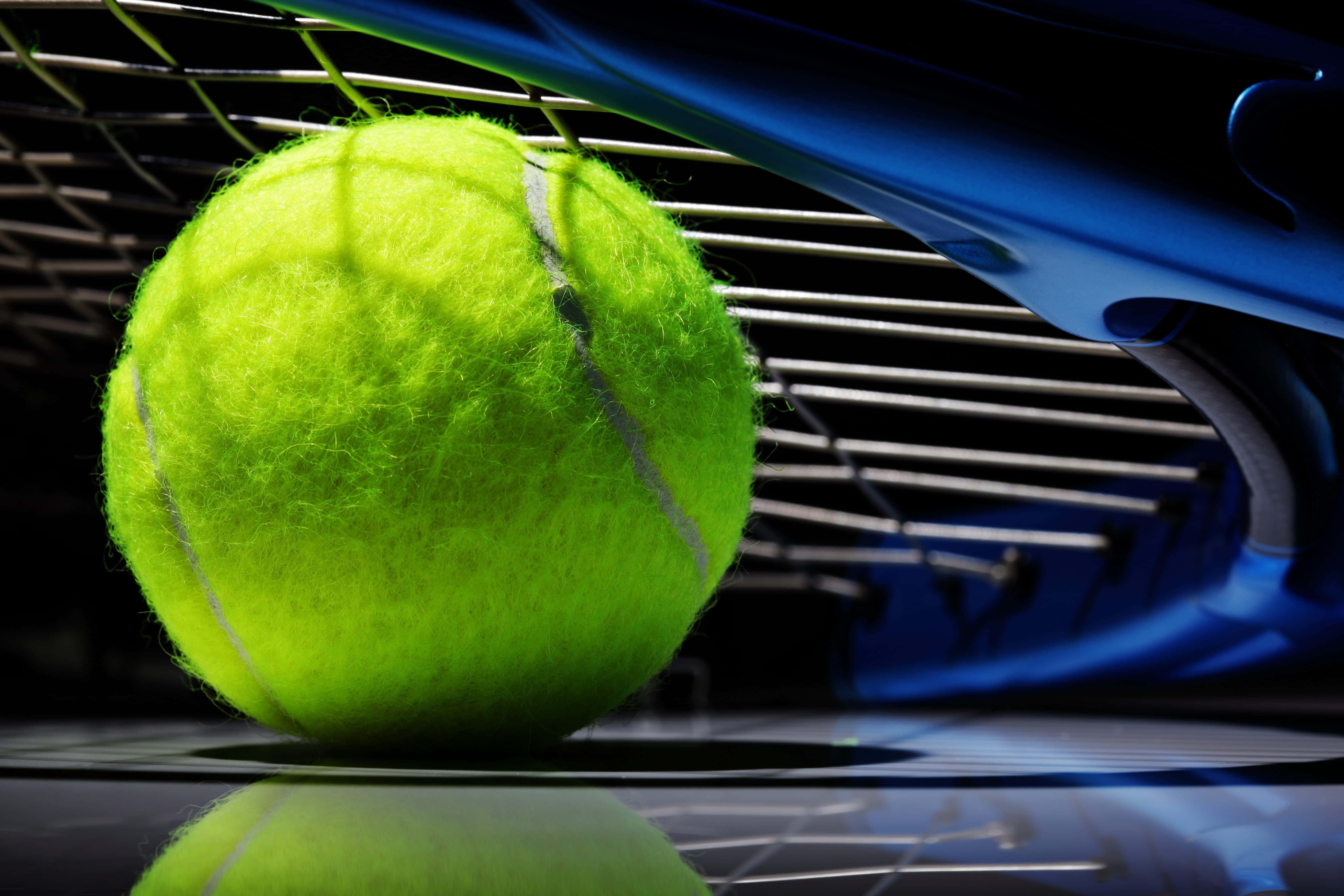 tennis ball, blue racket, metallic strings, 5K Desktop Wallpaper