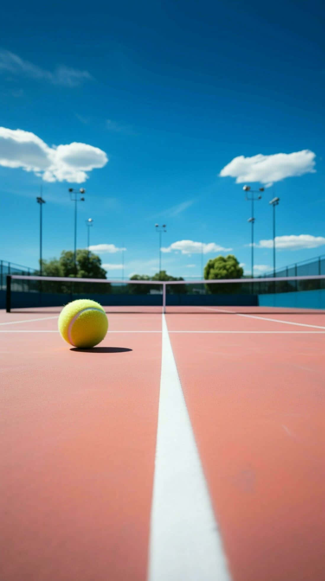 bright yellow tennis ball, red court, white baseline, Full HD Phone Wallpaper