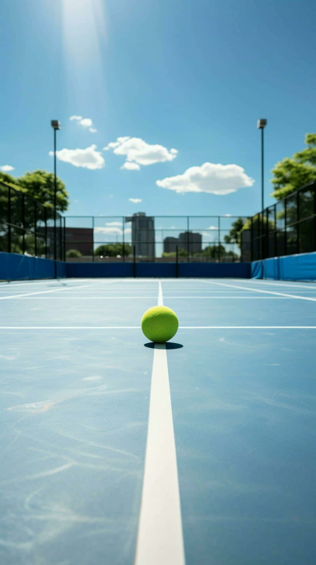 bright yellow tennis ball, white line, blue court, Full HD Phone Wallpaper