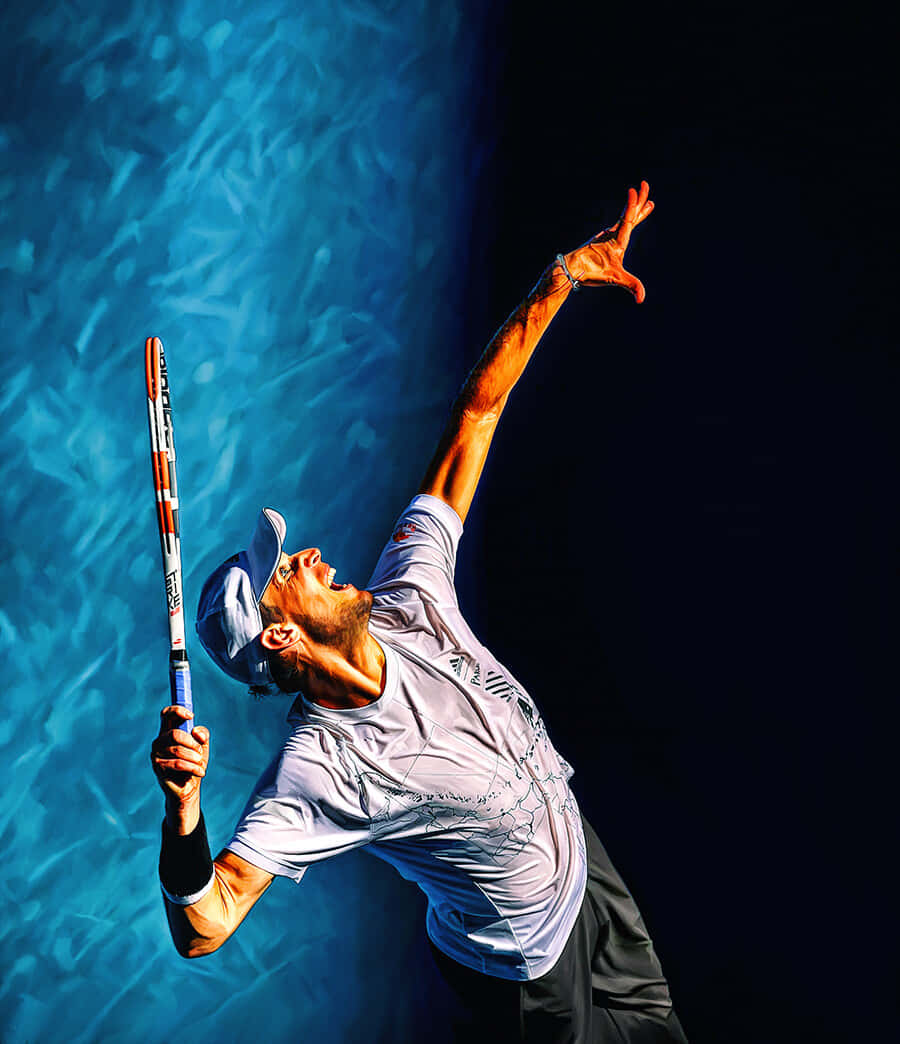tennis player, mid-serve, vibrant blue textured background, SD Phone Wallpaper