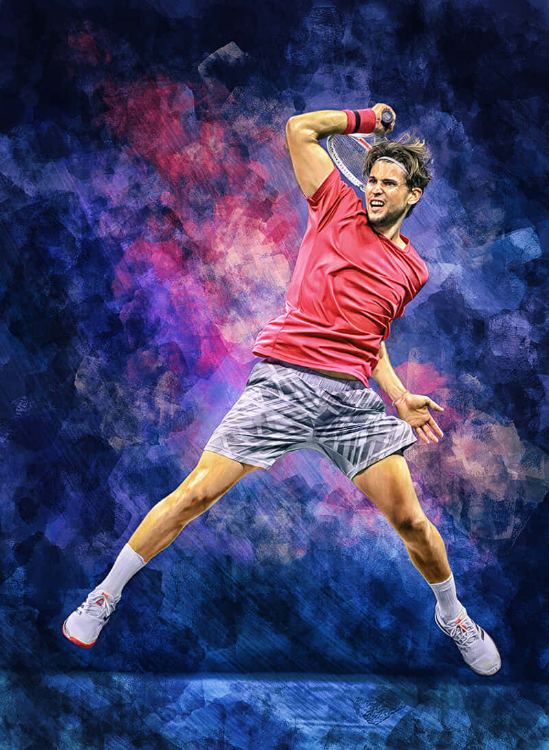 male tennis player, midair executing a powerful overhead smash, vibrant abstract blue and purple background, SD Phone Wallpaper