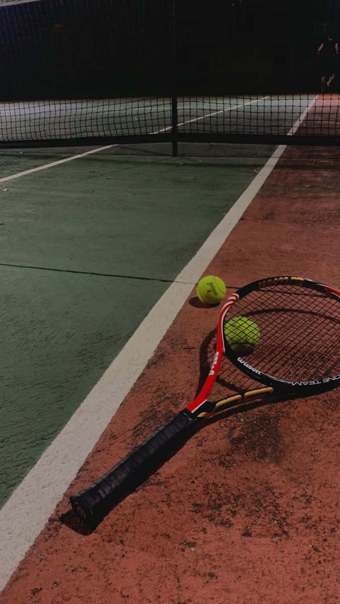 red and black tennis racket, clay court, bright yellow tennis balls, SD Phone Wallpaper