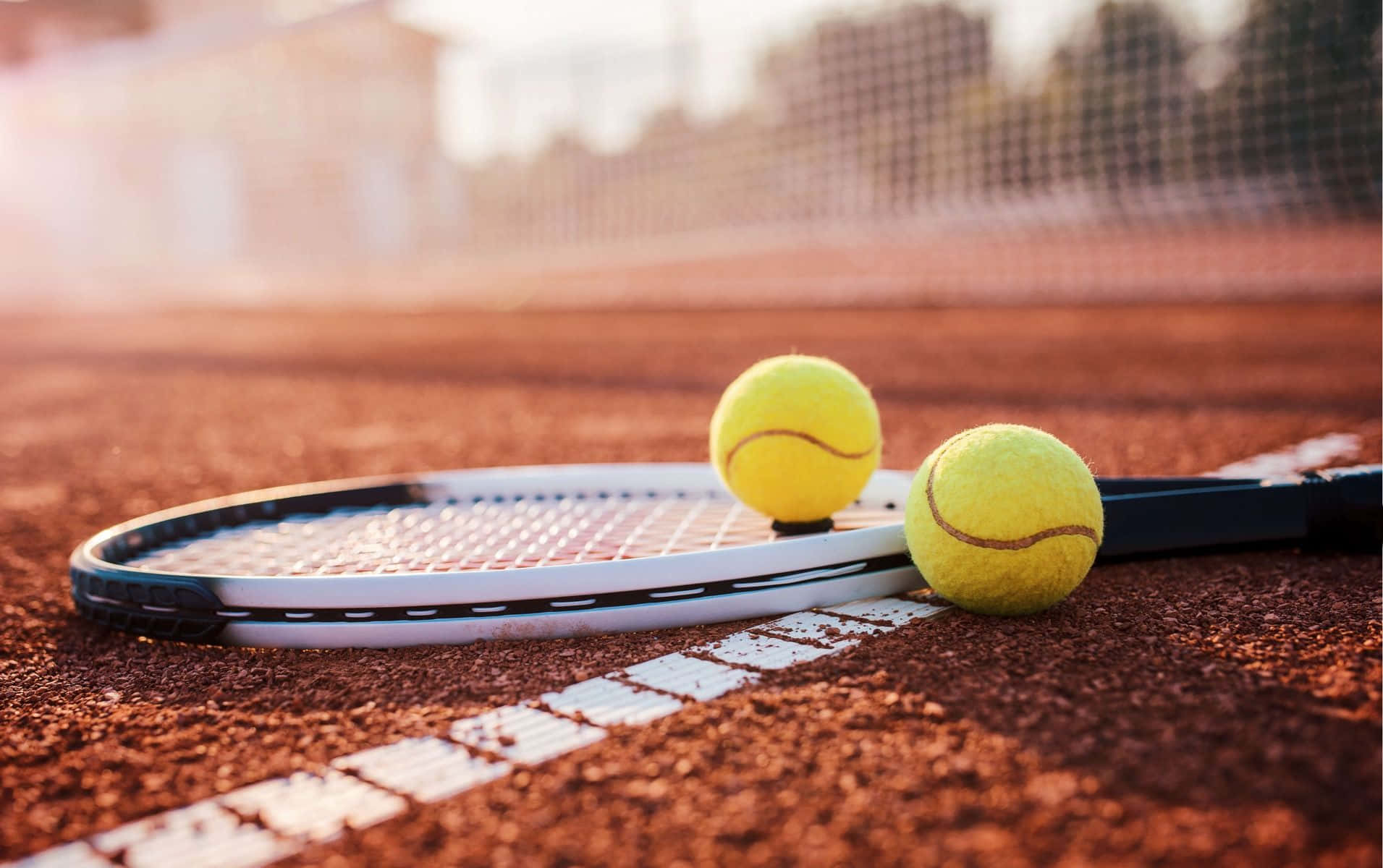 yellow tennis balls, racket, sunlit clay court, HD Desktop Wallpaper