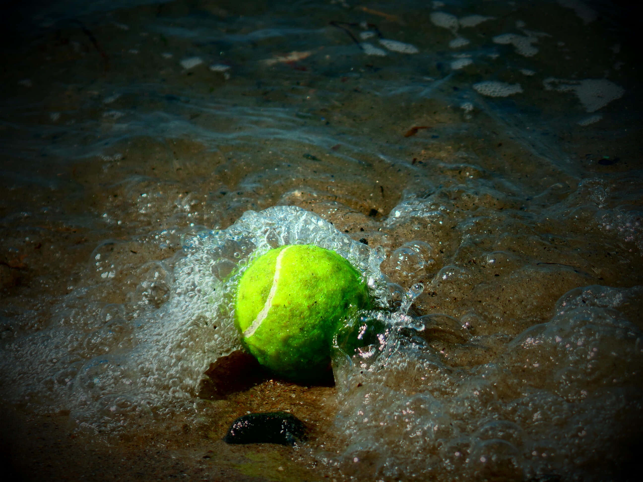 tennis ball, bright green, shallow water, 2K Desktop Wallpaper