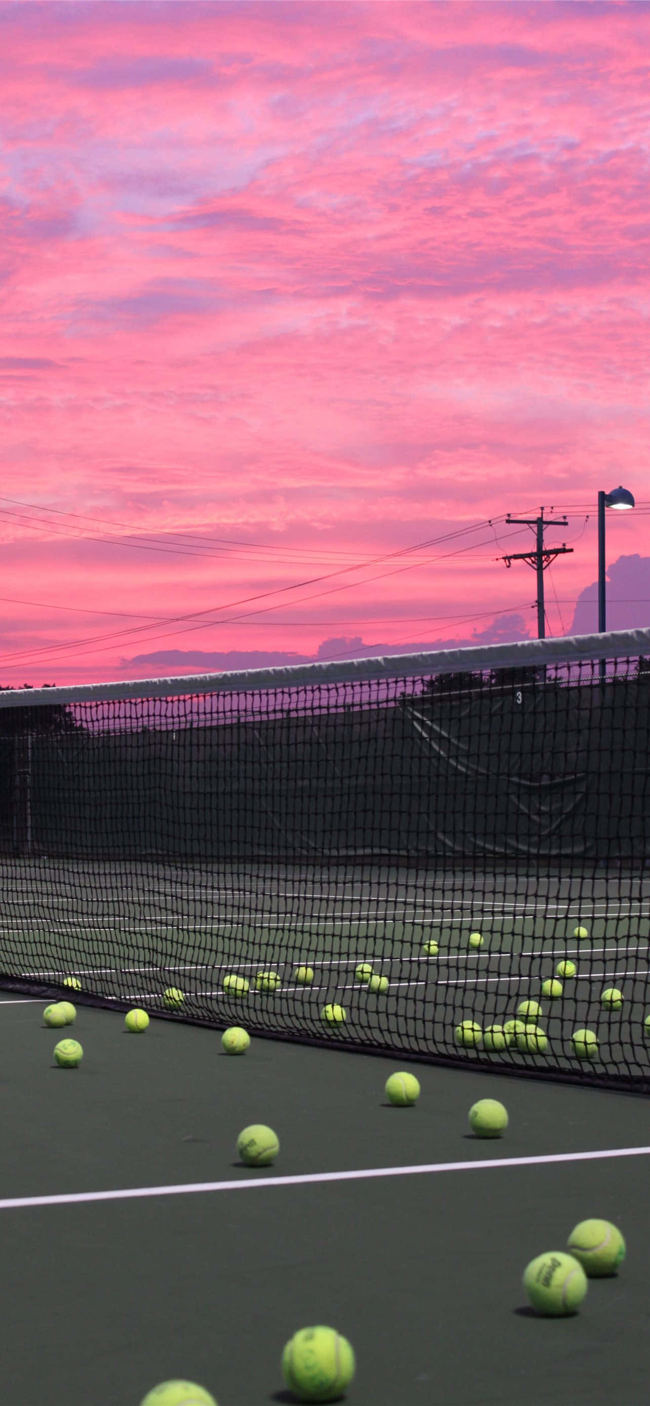 tennis court, dusk, bright green balls, 2K Phone Wallpaper