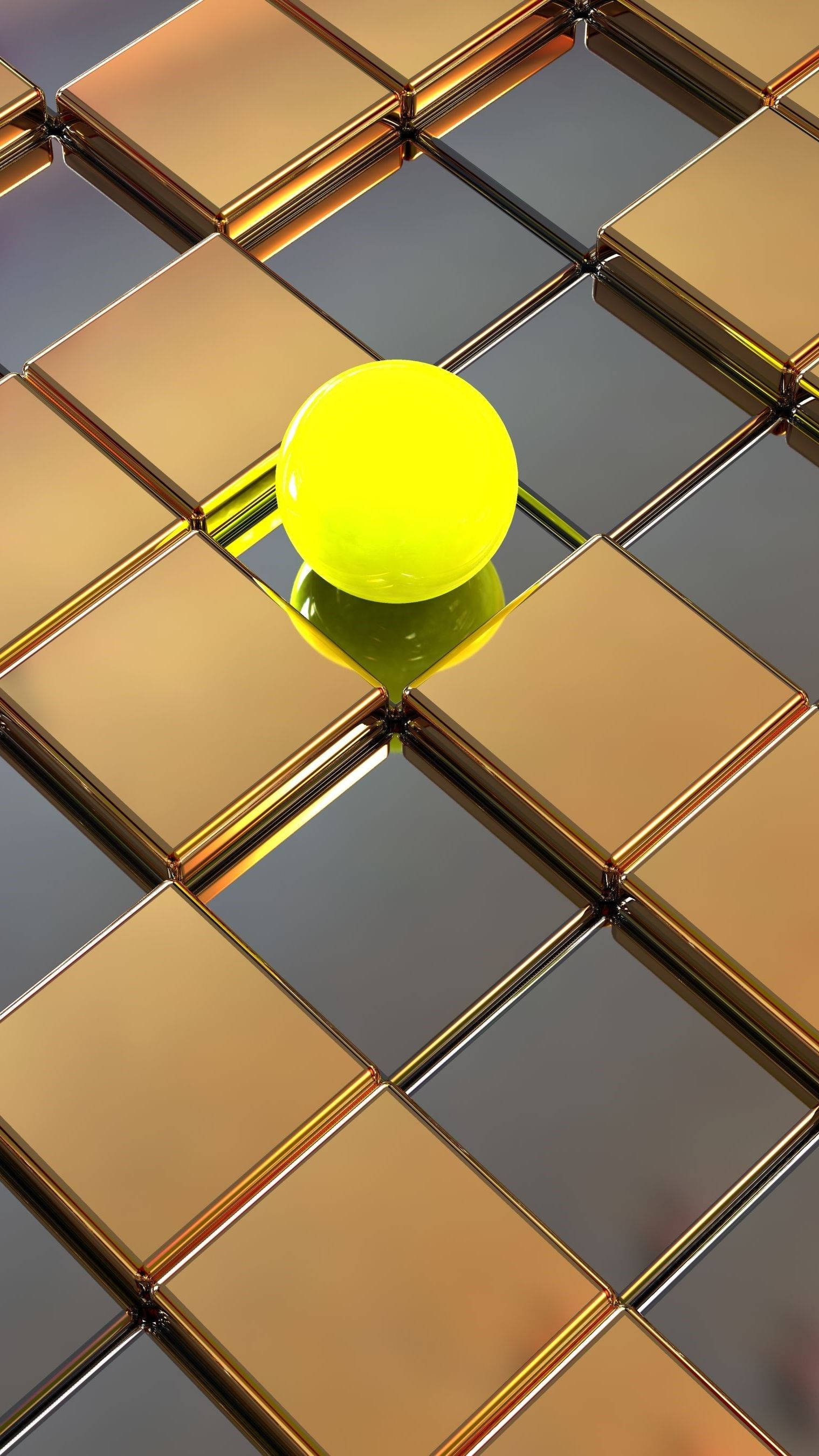 yellow ball, tiled floor, reflective gold tiles, 2K Phone Wallpaper