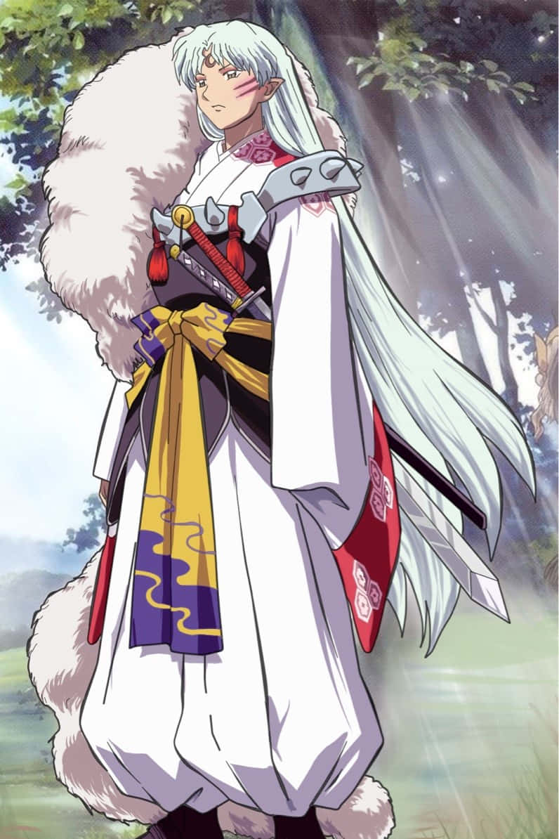 Tenseiga, silver-haired anime warrior, white fur-trimmed kimono, SD Phone Wallpaper
