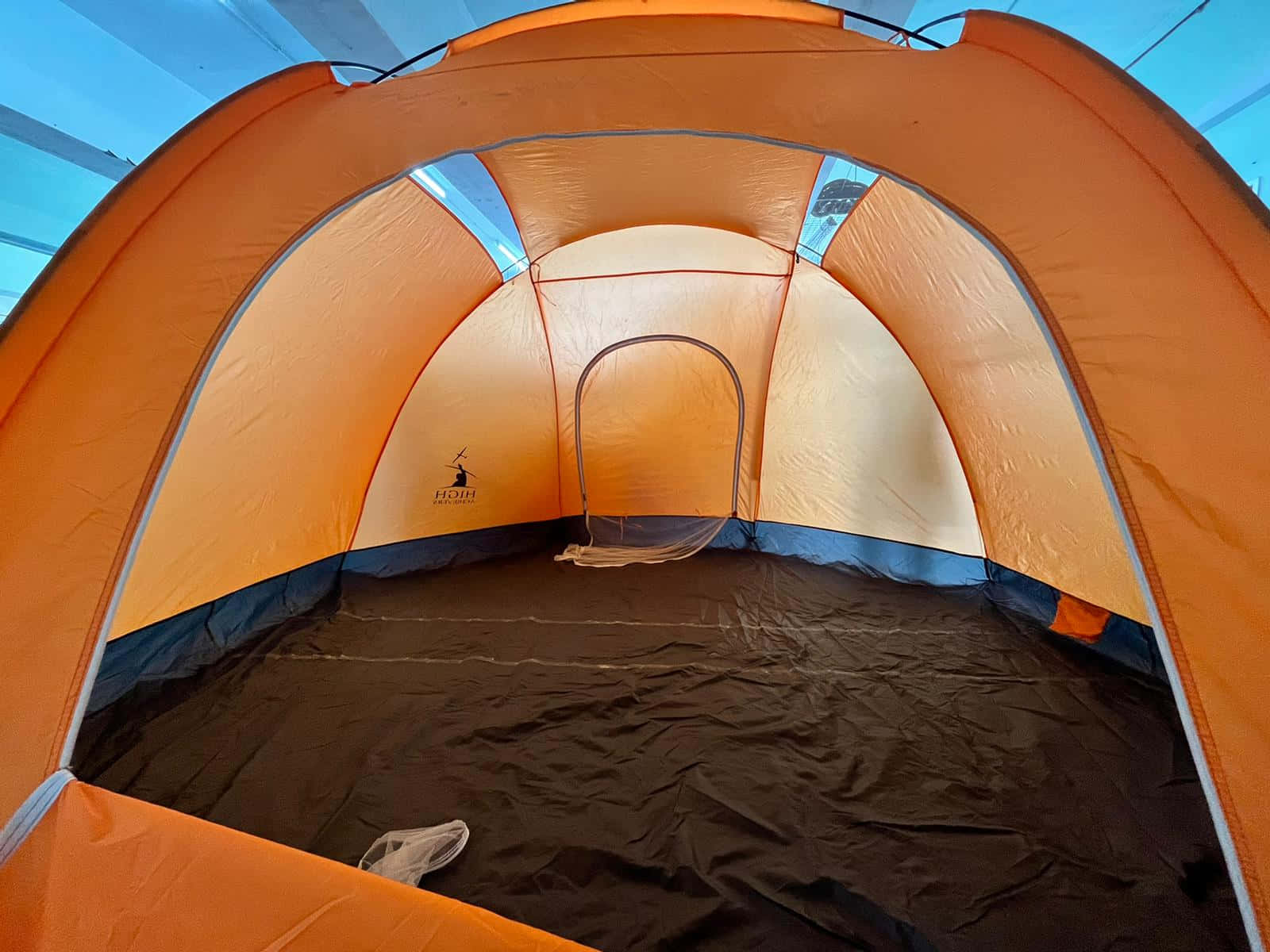 orange dome tent, dark floor, mesh door, HD Desktop Wallpaper