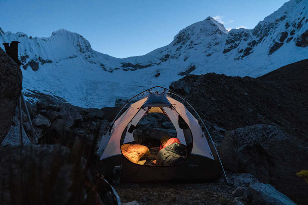 Tent, snowcapped mountains, twilight, SD Desktop Wallpaper