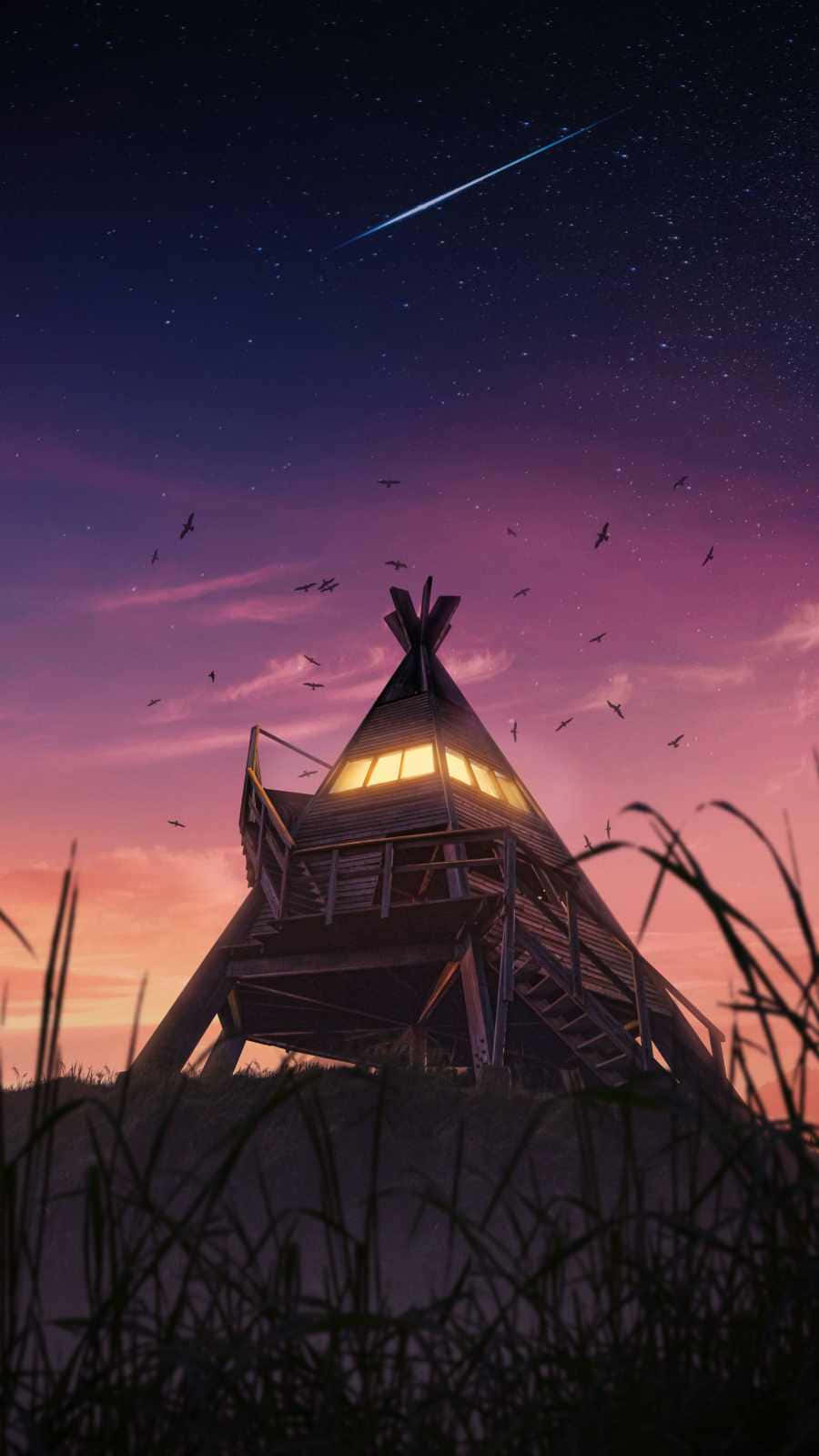 wooden teepee, warm interior light, grassy hill, HD Phone Wallpaper