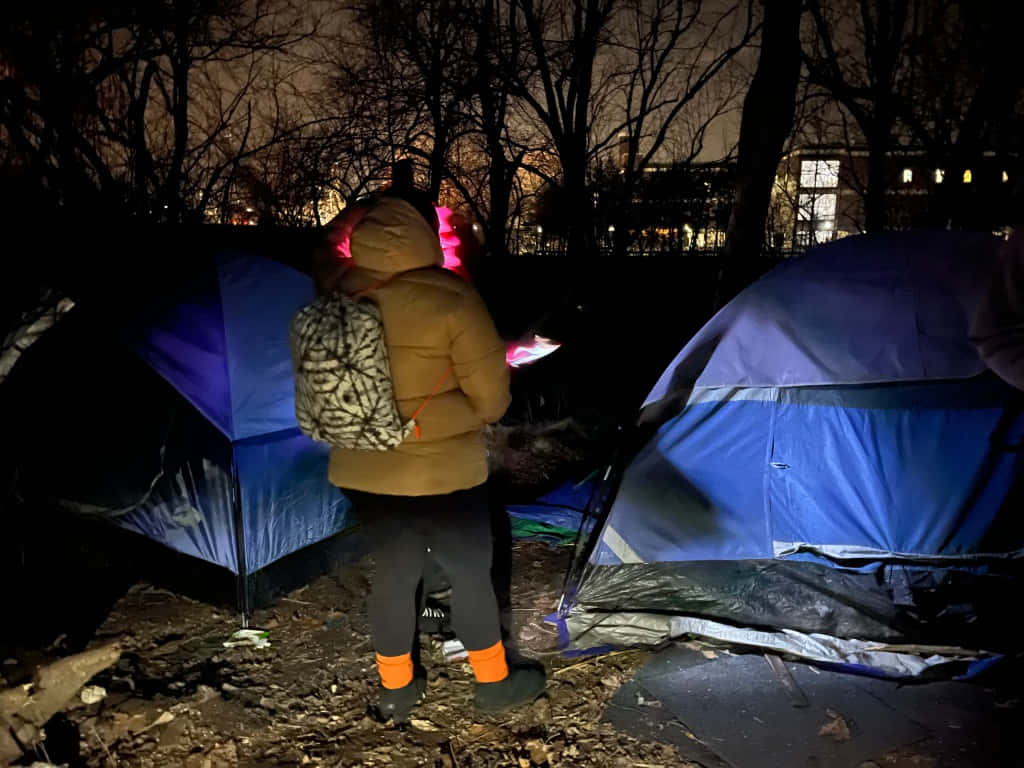 tan jacket, orange socks, blue tents, SD Desktop Wallpaper