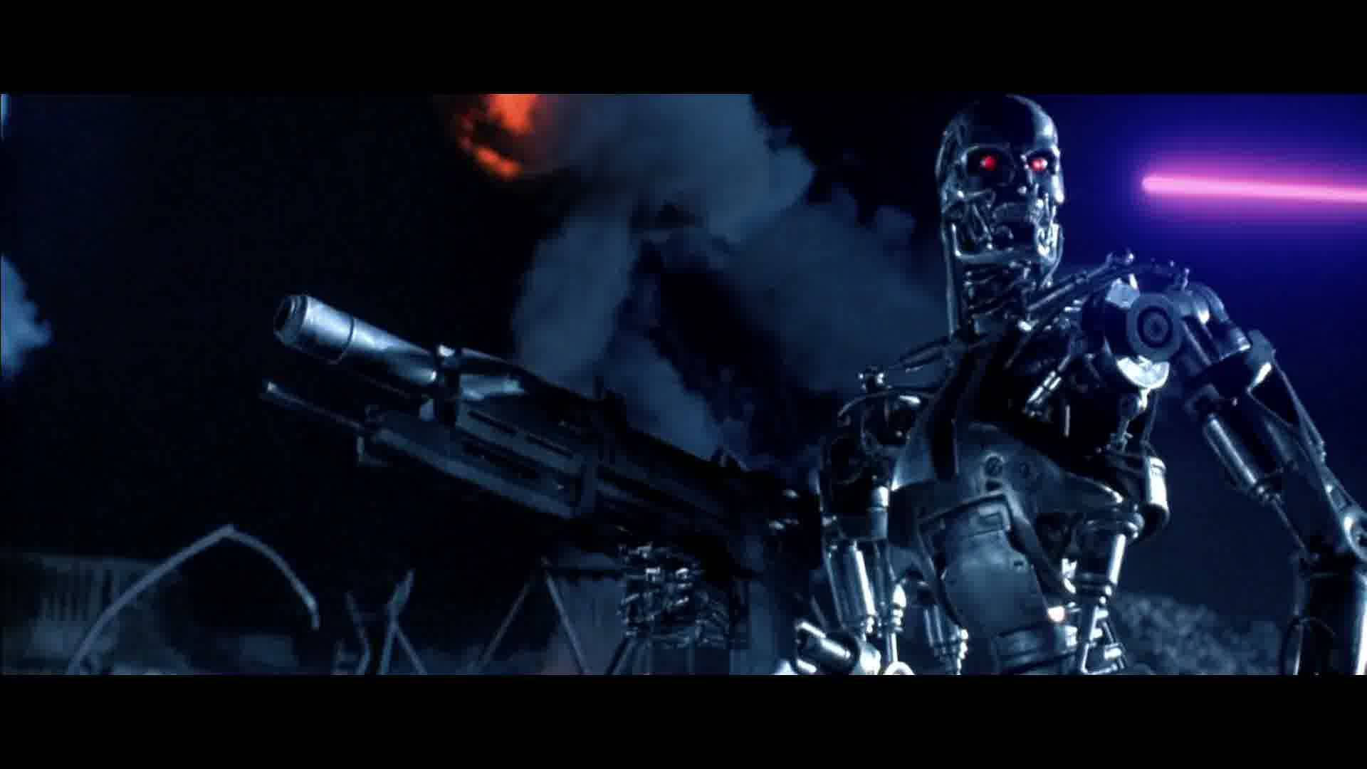 Terminator, glowing red eyes, heavy weapon, Full HD Desktop Wallpaper