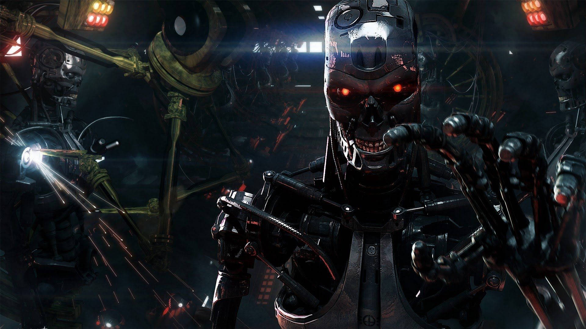 Terminator, endoskeleton, glowing red eyes, Full HD Desktop Wallpaper
