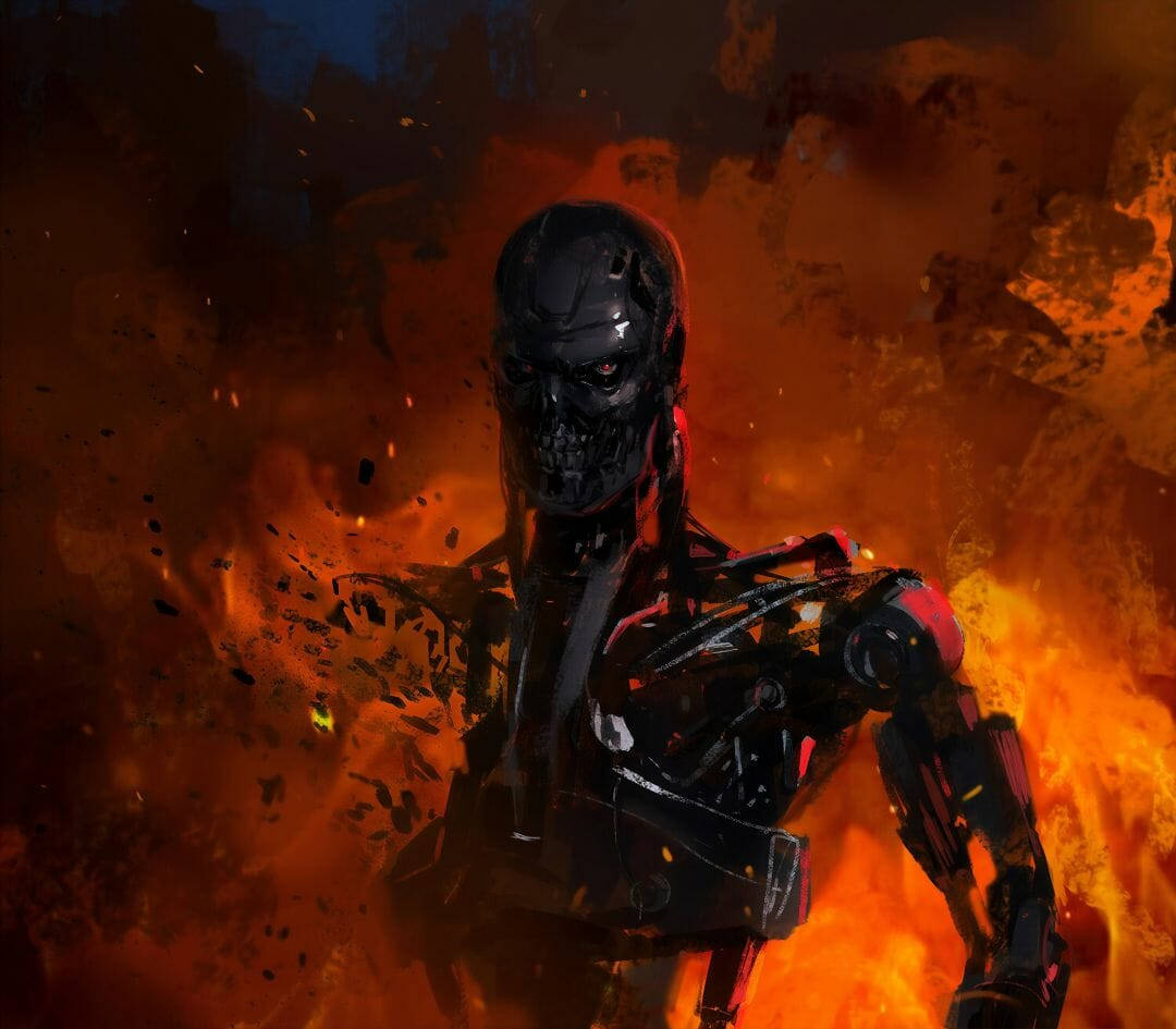 Terminator, glowing red eyes, fiery explosions, SD Desktop Wallpaper