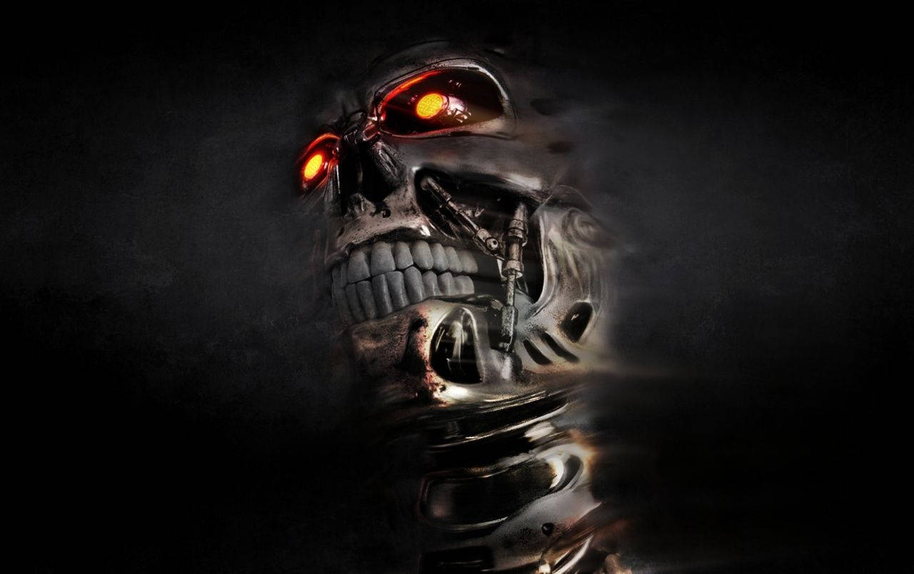 Terminator, glowing red eyes, metallic teeth, HD Desktop Wallpaper