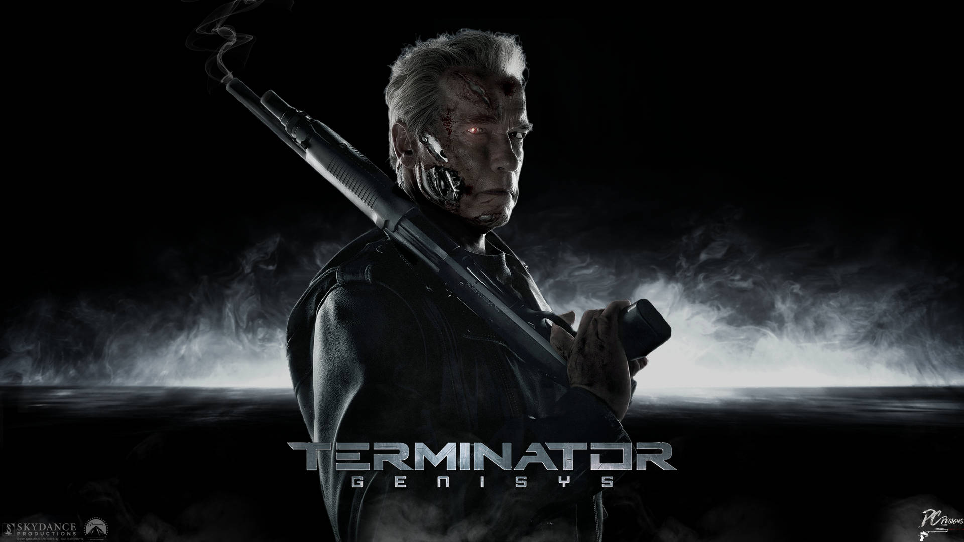 Terminator, glowing red eyes, rifle, Full HD Desktop Wallpaper