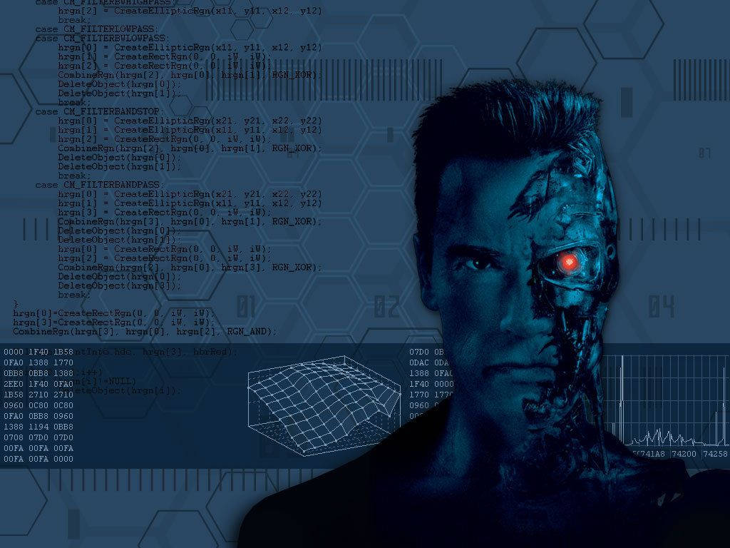 Terminator, glowing red eye, blue digital interface, SD Desktop Wallpaper