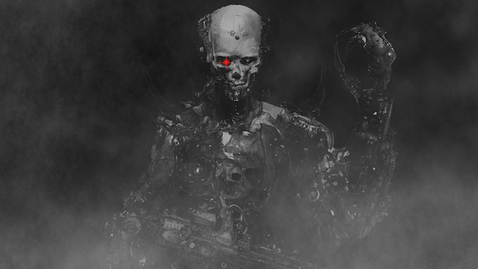 Terminator, glowing red eyes, dark smoke, HD Desktop Wallpaper