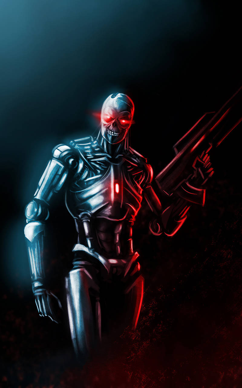 Terminator, glowing red eyes, rifle, HD Phone Wallpaper