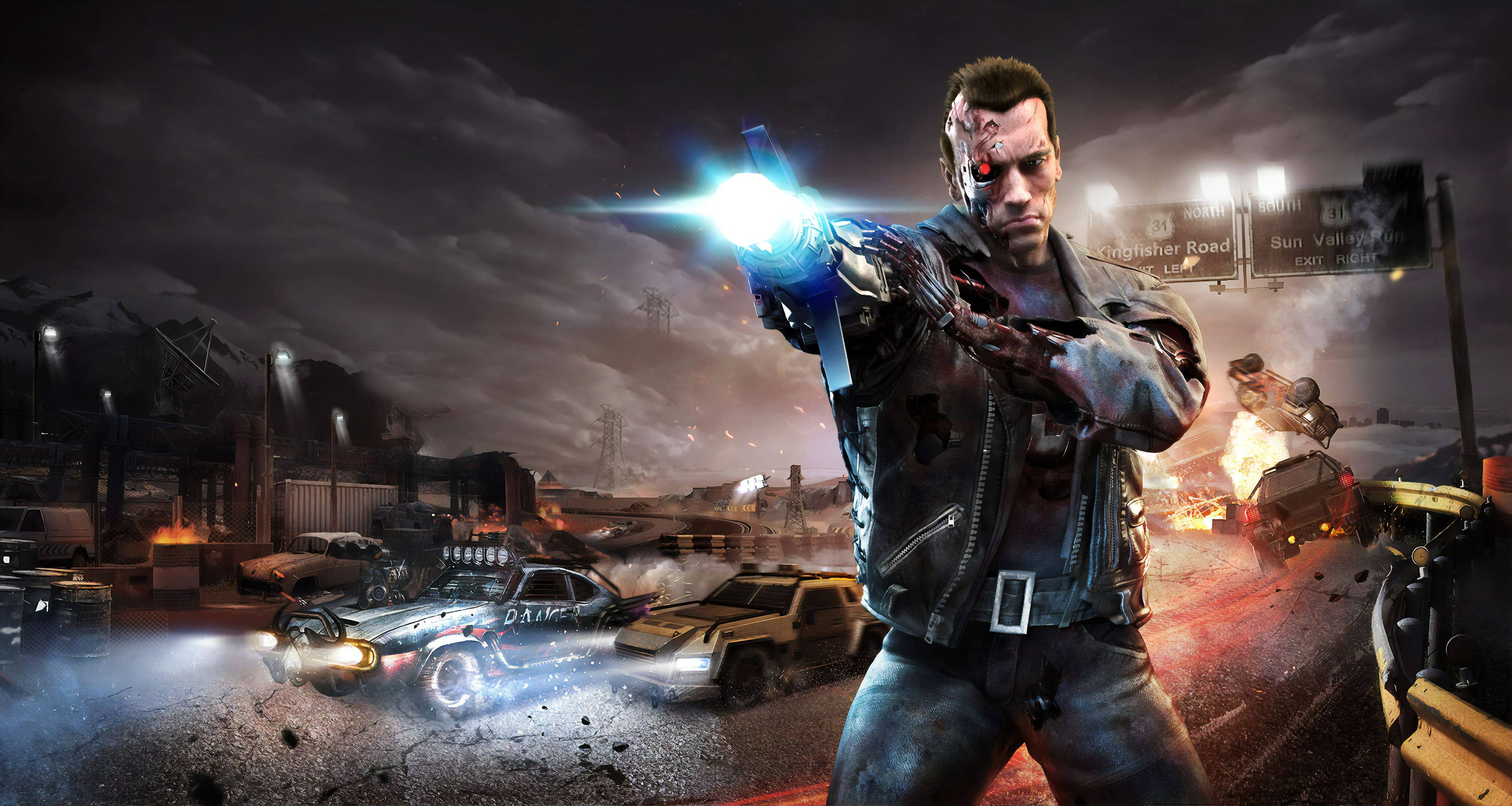 Terminator, cybernetic warrior, glowing plasma weapon, 4K Desktop Wallpaper