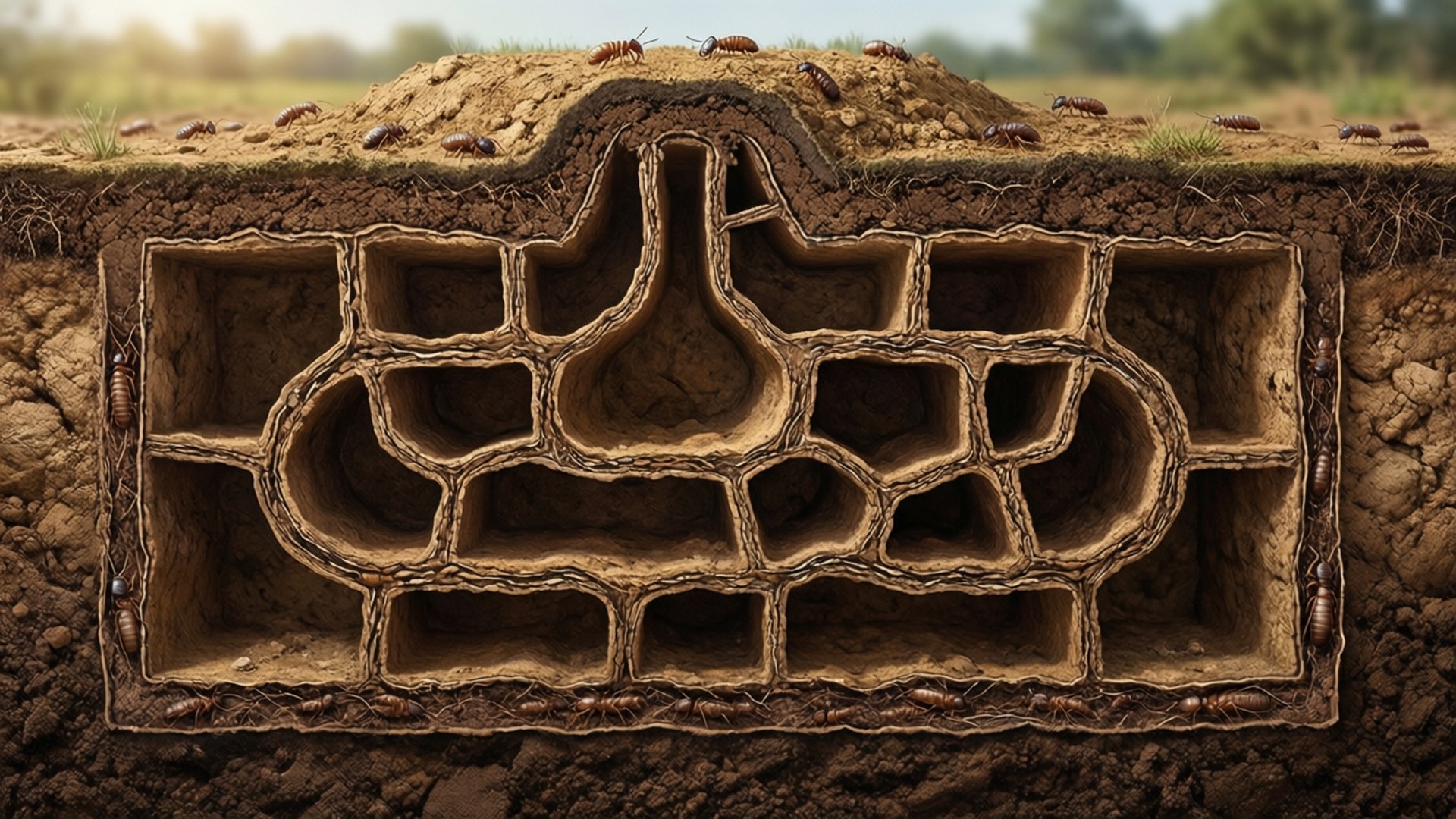 termite mound, cross section, underground tunnels, Full HD Desktop Wallpaper