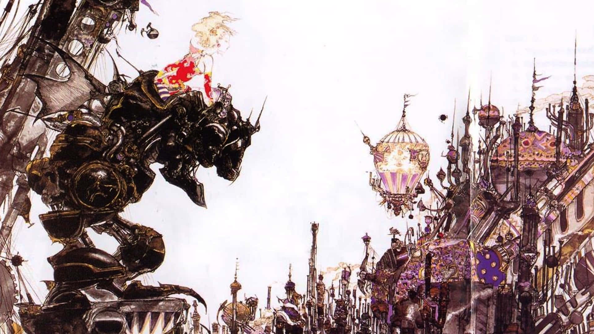Terra Branford, anime-style cityscape, giant mechanical beast, Full HD Desktop Wallpaper