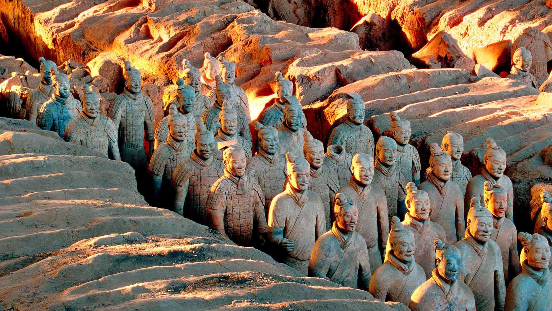 Terracotta Warriors, sunset light sculptures, warm golden sunset light, Full HD Desktop Wallpaper