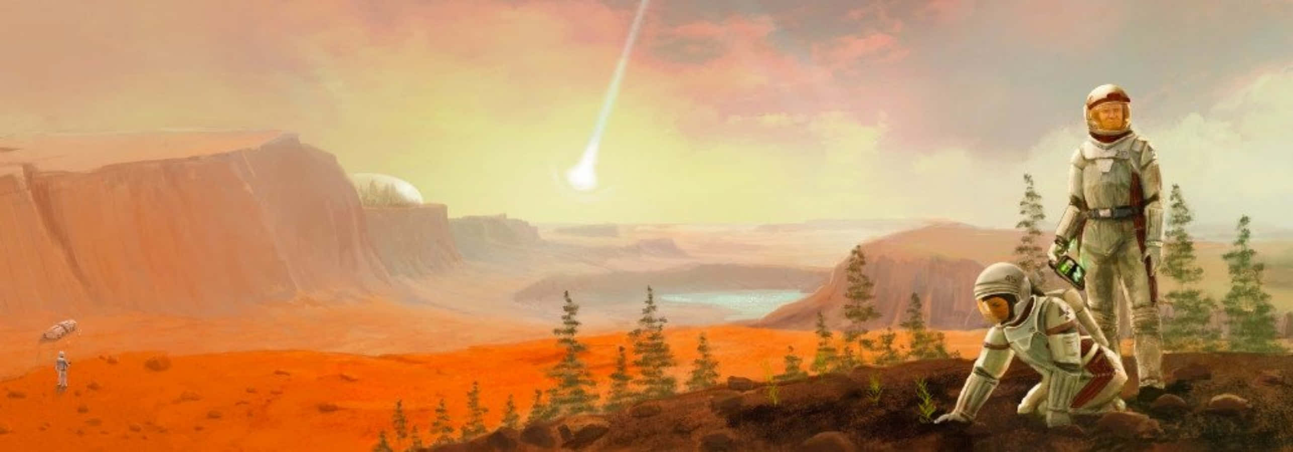 Terraforming, reddish alien canyon, bright meteor, 2K Desktop Wallpaper