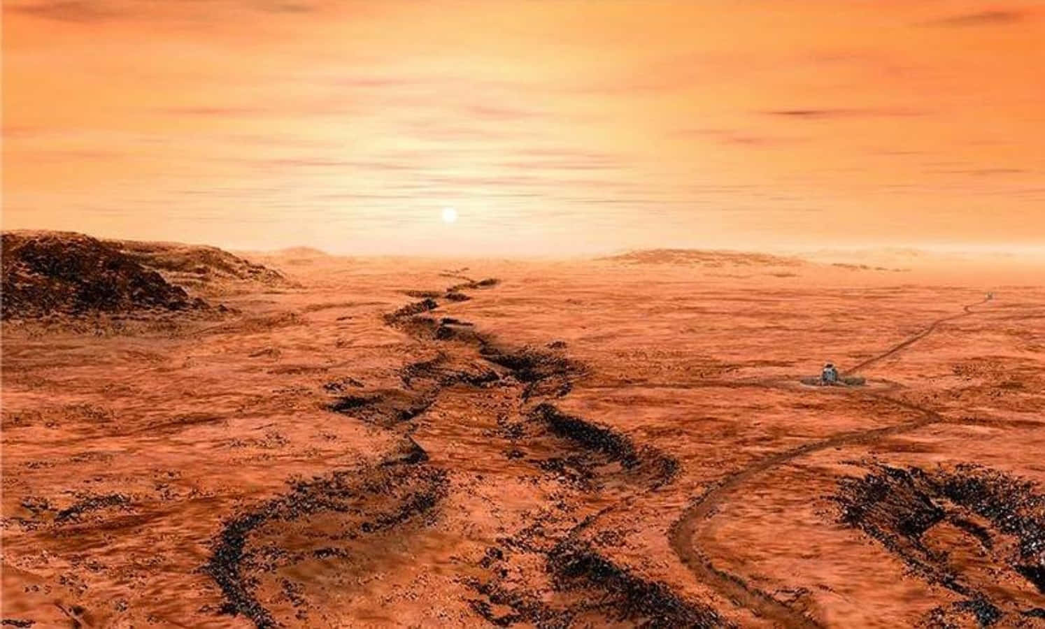 Terraforming, rusty canyon, glowing orange sky, HD Desktop Wallpaper