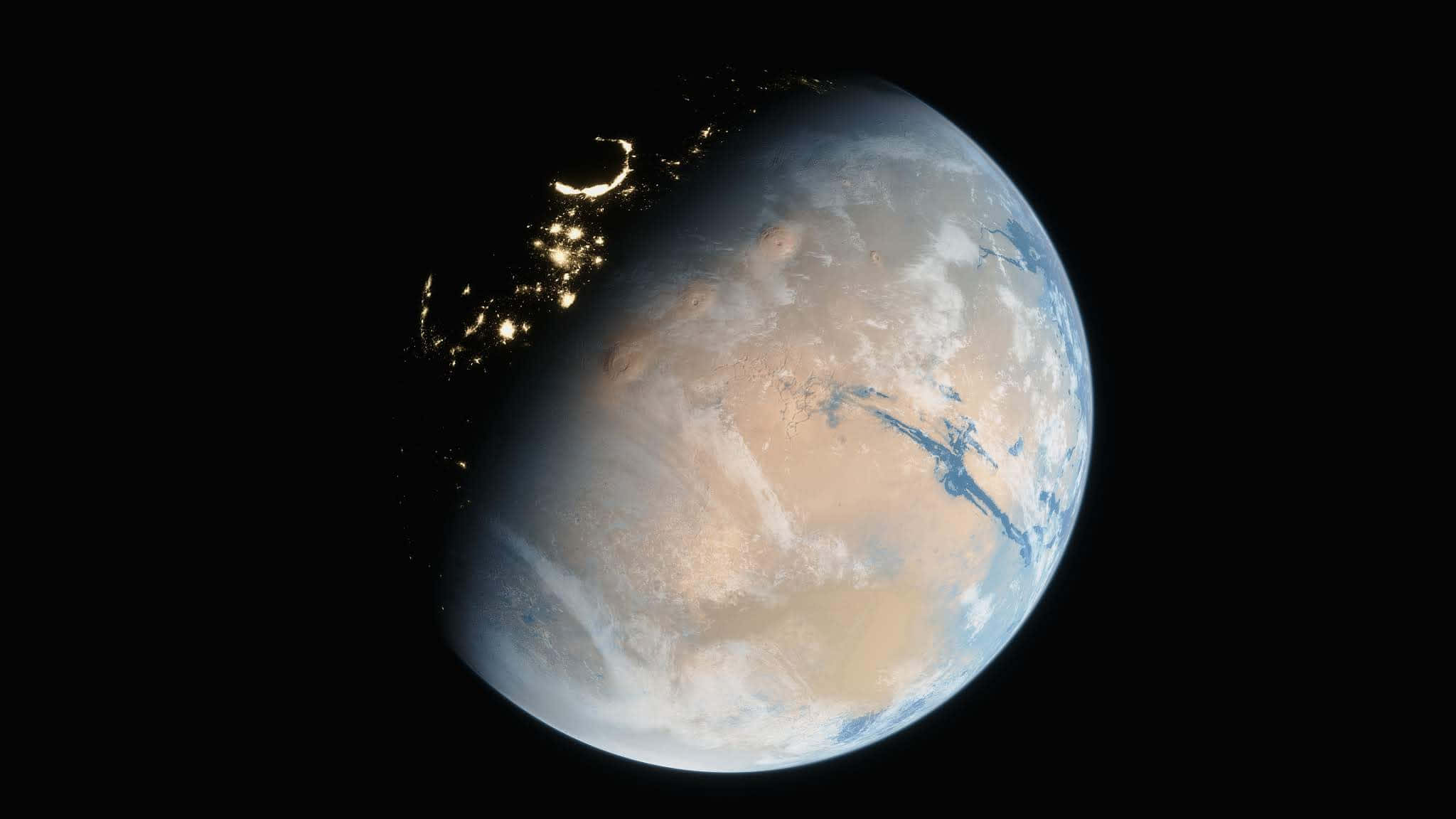 Terraforming, Earth, night side, Full HD Desktop Wallpaper