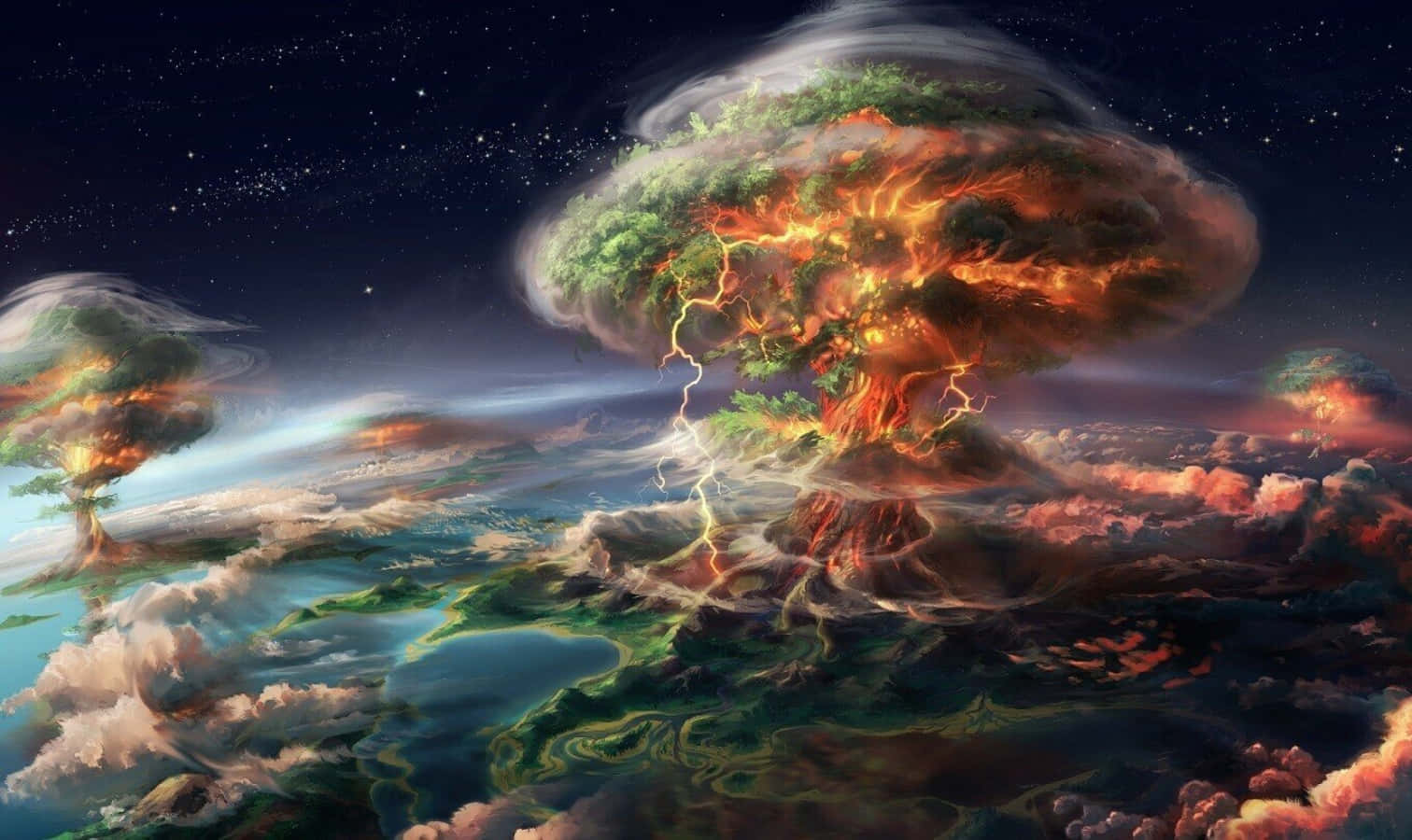 Terraforming, colossal tree, fiery lightning, HD Desktop Wallpaper