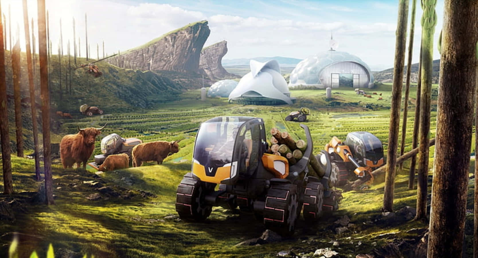 Terraforming, yellow tracked vehicle, sunlit forest, HD Desktop Wallpaper