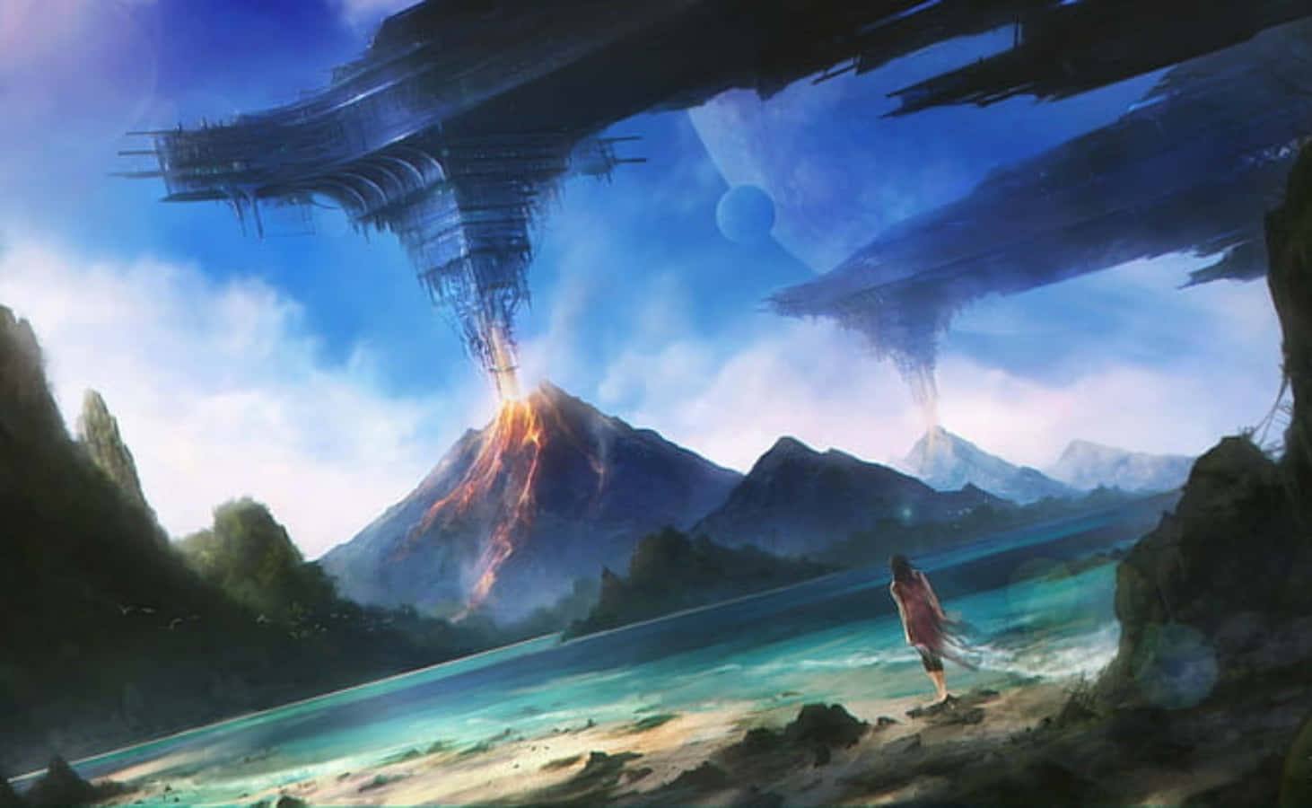 Terraforming, turquoise shore, volcanic eruption, HD Desktop Wallpaper