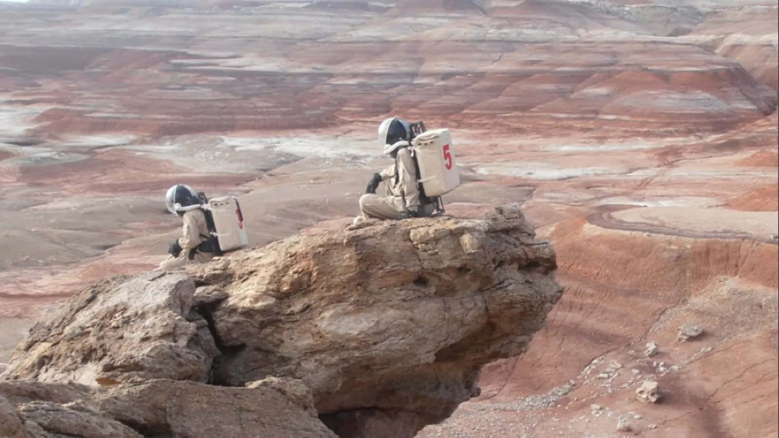 Terraforming, red canyon landscape, white suits, HD Desktop Wallpaper