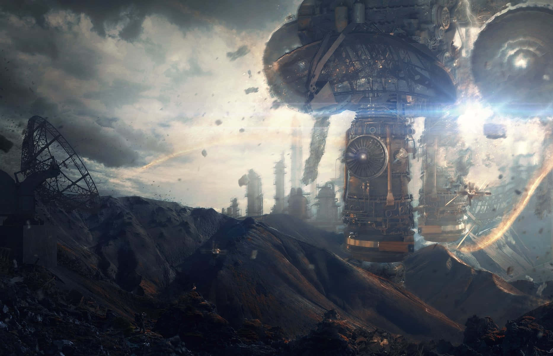 Terraforming, steampunk airship, rugged mountainous terrain, HD Desktop Wallpaper