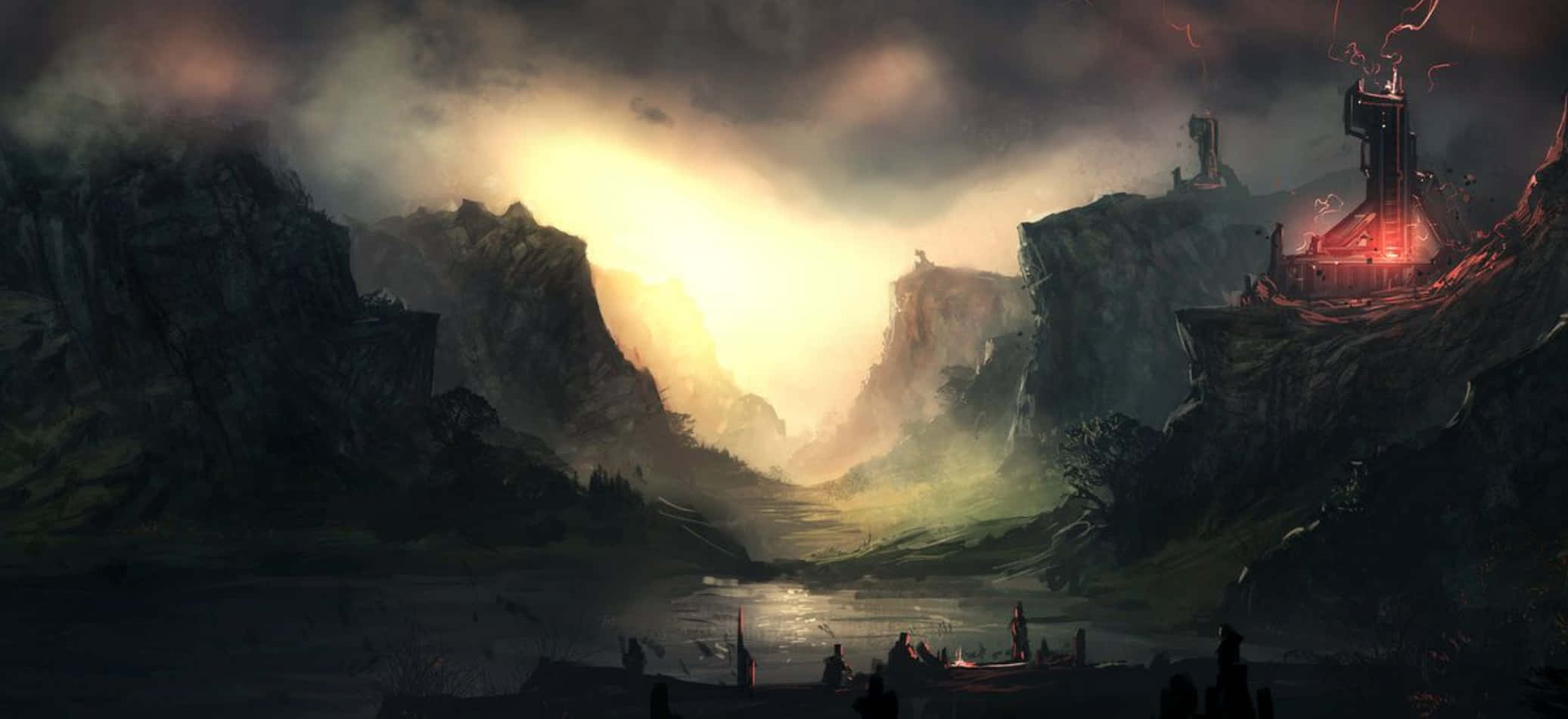 Terraforming 2073, glowing cliffs, mysterious red-lit tower, Full HD Desktop Wallpaper