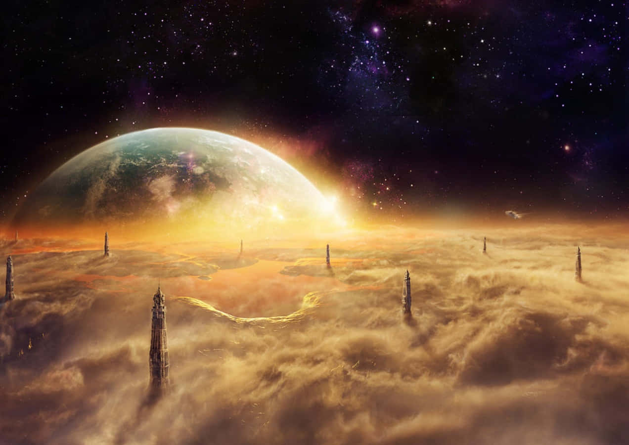 Terraforming, sunset, golden clouds, SD Desktop Wallpaper