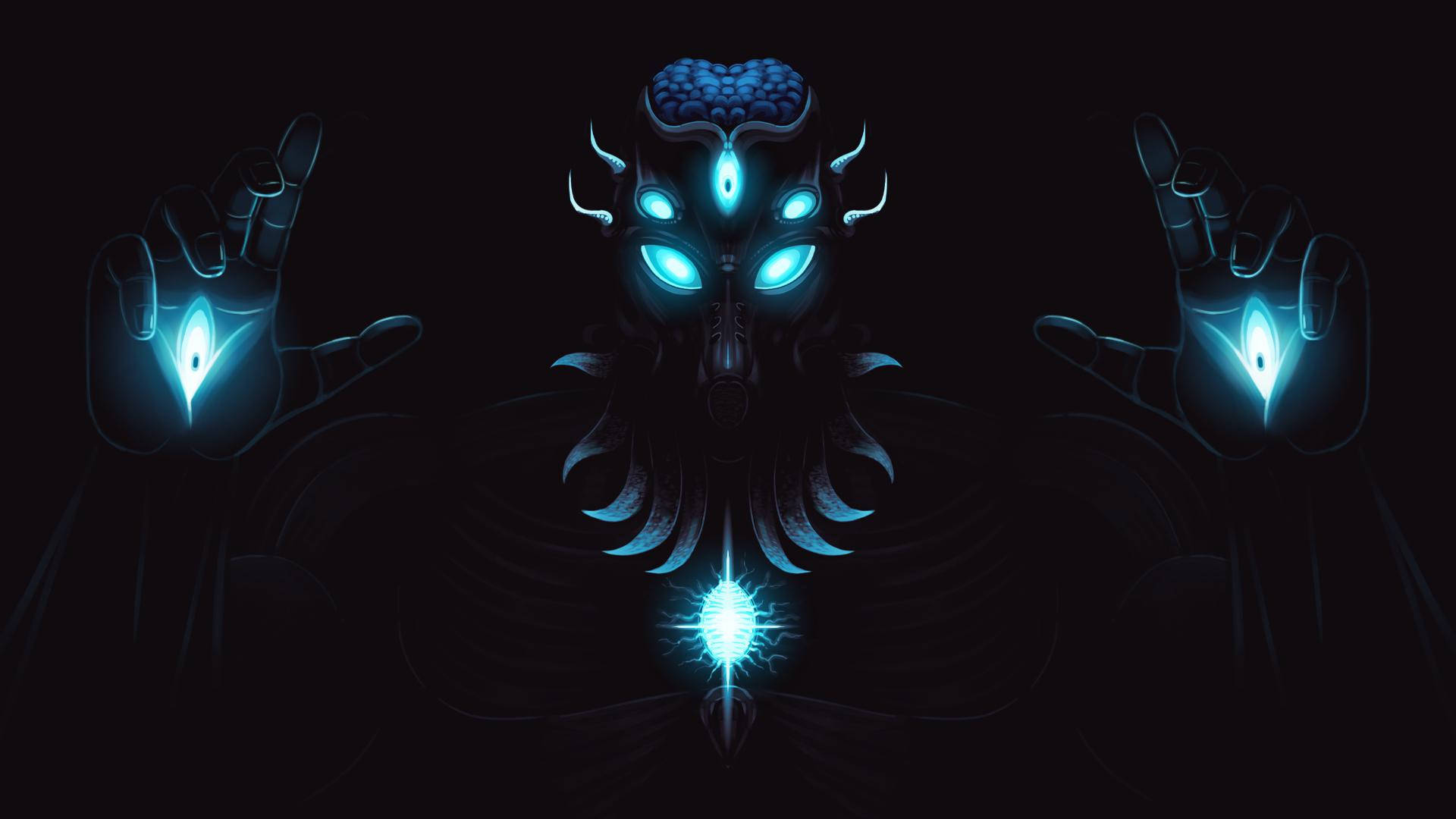 Terraria Moon Lord, glowing blue eyes, glowing blue hands, Full HD Desktop Wallpaper