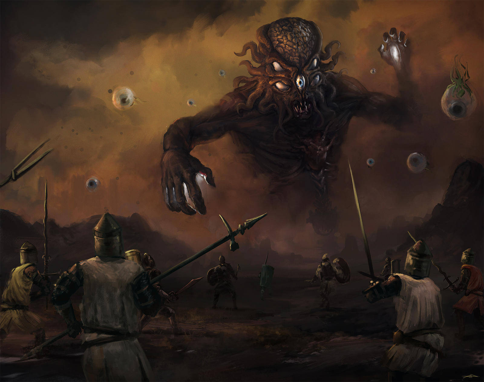 Terraria Moon Lord, armored knights, colossal multi-eyed monster, HD Desktop Wallpaper