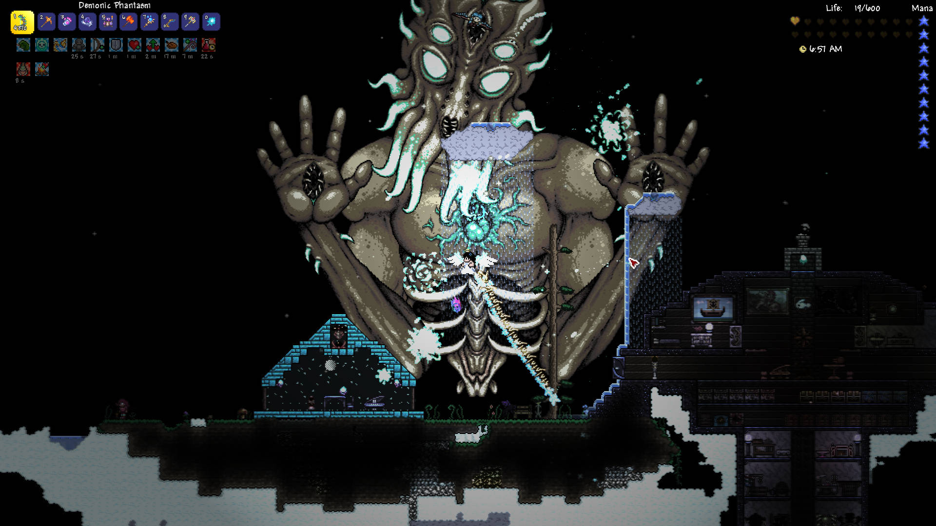 Terraria Moon Lord, pixelated giant, glowing eyes, Full HD Desktop Wallpaper