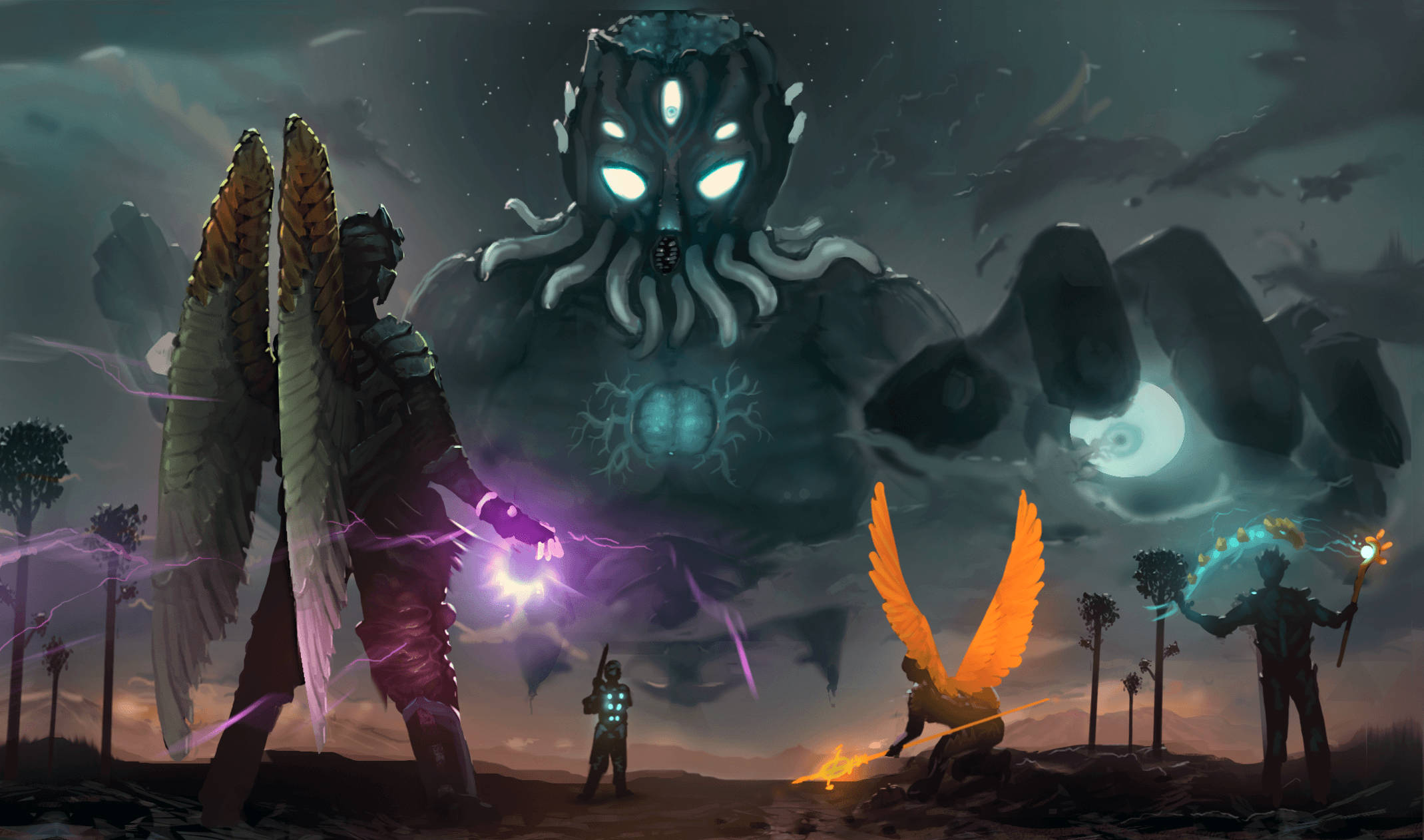 Terraria Moon Lord, glowing-eyed cosmic horror, winged warriors, Full HD Desktop Wallpaper