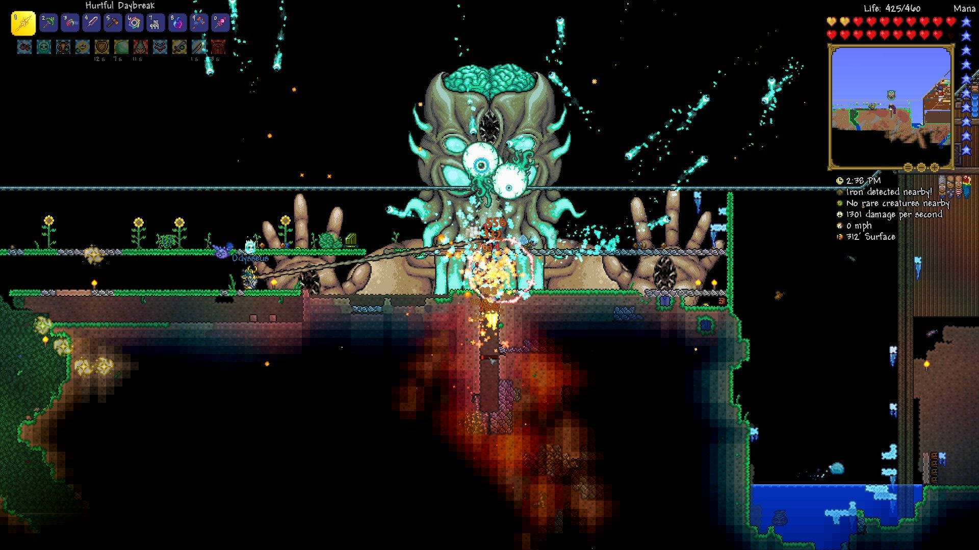 Terraria Moon Lord, giant glowing brain-like boss, dark underwater cave, Full HD Desktop Wallpaper