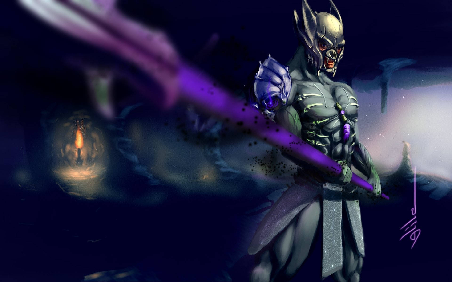 Terraria Moon Lord, glowing purple staff, dark armor, Full HD Desktop Wallpaper