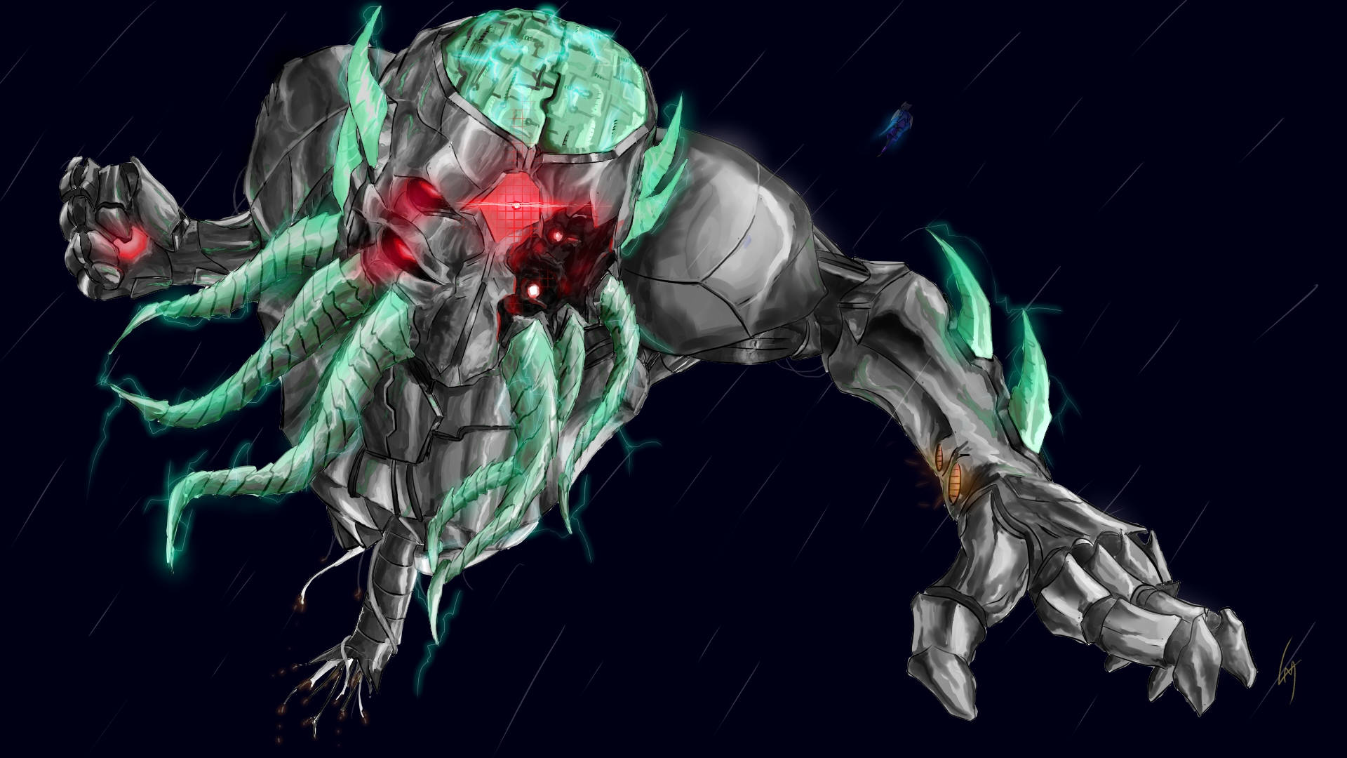 Terraria Moon Lord, glowing green tentacles, red eyes, Full HD Desktop Wallpaper