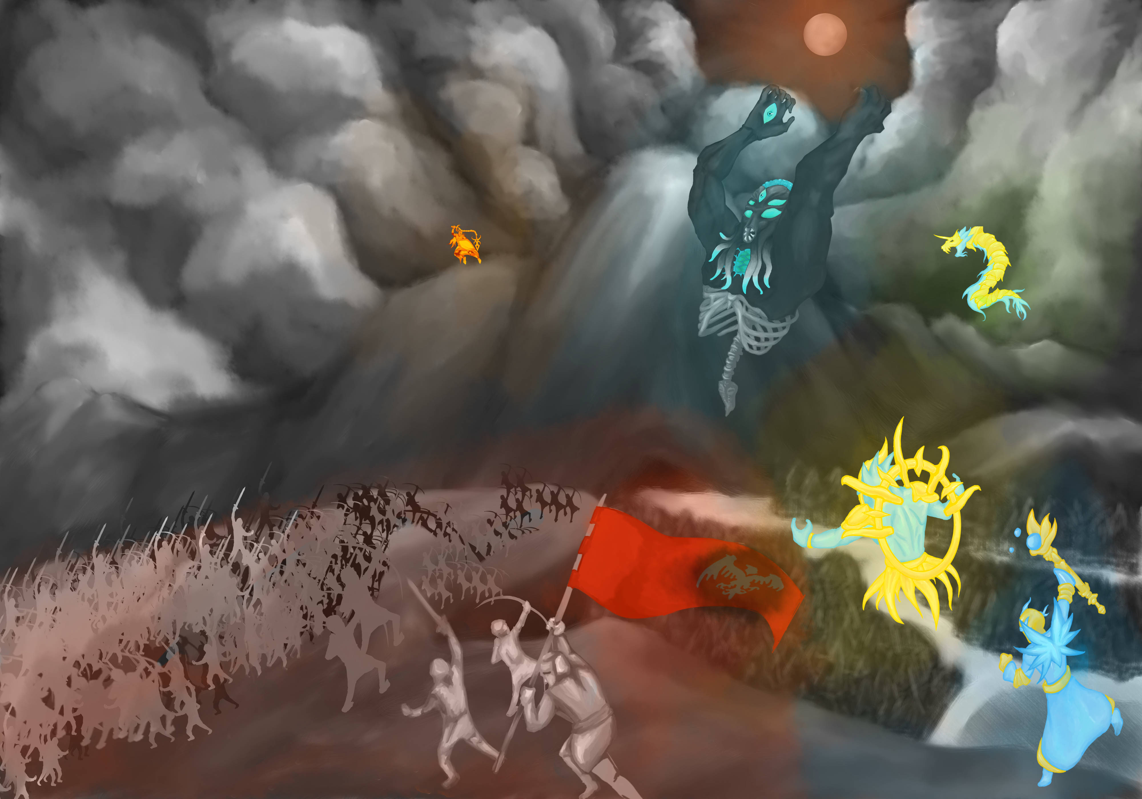 Terraria Moon Lord, stormy sky, glowing moon, 4K Desktop Wallpaper